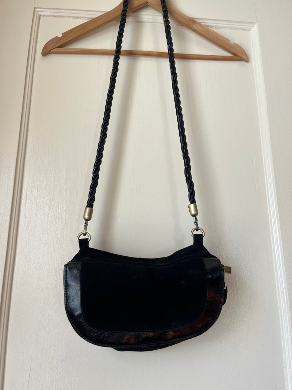 Anthropologie Black Suede and Leather Crossbody with Braided Rope Strap